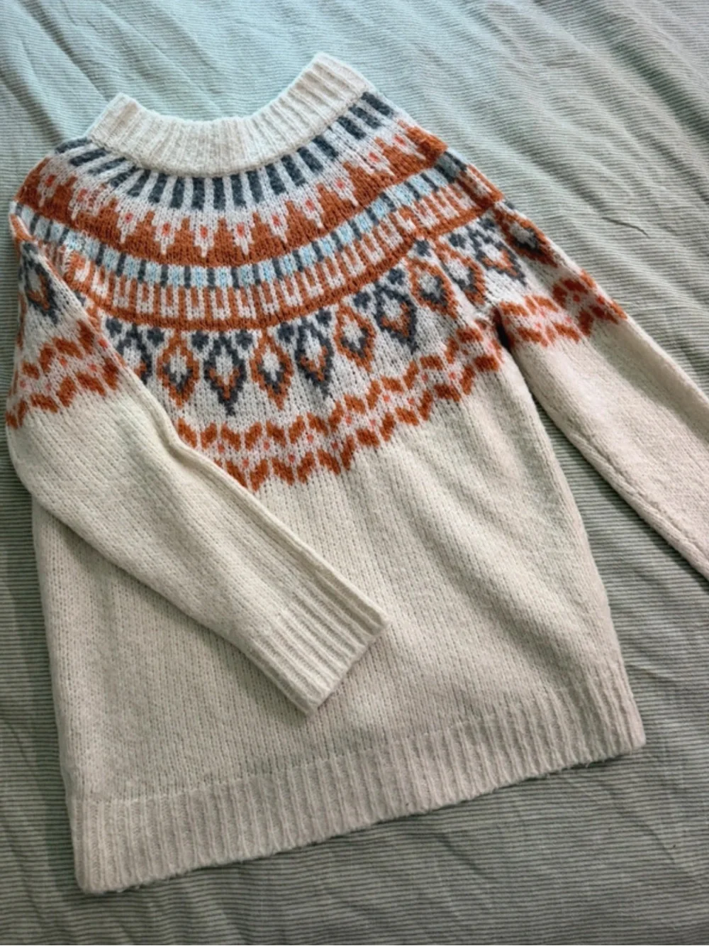 Aerie Fair Isle Knit Sweater XS Cream Orange Gray Cozy Winter Pullover